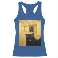 Black Cat Selfie with Dinosaur in The Backrooms Liminal Space Graphic Racerback Tank Top Liminal Space Urban Legend Meme