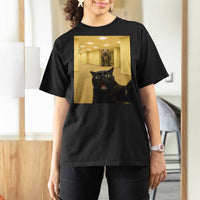 Black Cat Selfie with Dinosaur in The Backrooms Liminal Space Graphic T Shirt For Women Liminal Space Urban Legend Meme