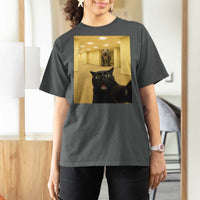 Black Cat Selfie with Dinosaur in The Backrooms Liminal Space Graphic T Shirt For Women Liminal Space Urban Legend Meme