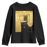 Black Cat Selfie with Dinosaur in The Backrooms Liminal Space Graphic Youth Sweatshirt Liminal Space Urban Legend Meme