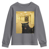 Black Cat Selfie with Dinosaur in The Backrooms Liminal Space Graphic Youth Sweatshirt Liminal Space Urban Legend Meme