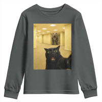 Black Cat Selfie with Dinosaur in The Backrooms Liminal Space Graphic Youth Sweatshirt Liminal Space Urban Legend Meme