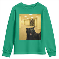 Black Cat Selfie with Dinosaur in The Backrooms Liminal Space Graphic Youth Sweatshirt Liminal Space Urban Legend Meme