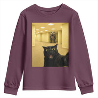 Black Cat Selfie with Dinosaur in The Backrooms Liminal Space Graphic Youth Sweatshirt Liminal Space Urban Legend Meme