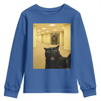 Black Cat Selfie with Dinosaur in The Backrooms Liminal Space Graphic Youth Sweatshirt Liminal Space Urban Legend Meme