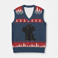 Purrberus 3 Headed Black Cat Gothic Mythology Graphic V-Neck Knit Sweater Vest Vintage Grunge Alt 90s Halloween Goth Horror