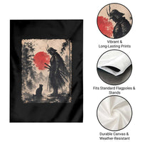 Vintage Japanese Samurai Warrior and Black Cat Garden Flag