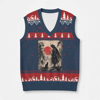 Vintage Japanese Samurai Warrior and Black Cat V-Neck Knit Sweater Vest