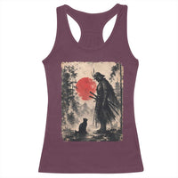 Vintage Japanese Samurai Warrior and Black Cat Racerback Tank Top
