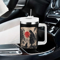 Vintage Japanese Samurai Warrior and Black Cat Tumbler With Handle