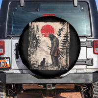 Vintage Japanese Art Bigfoot Samurai Warrior and Black Cat Spare Tire Cover Sasquatch Lovers Vintage Graphic Ukiyo-e Art