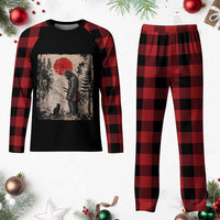 Vintage Japanese Art Bigfoot Samurai Warrior and Black Cat Plaid Pajama Set Sasquatch Lovers Vintage Graphic Ukiyo-e Art