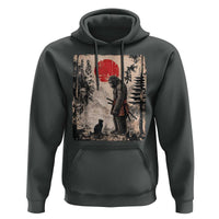 Vintage Japanese Art Bigfoot Samurai Warrior and Black Cat Hoodie Sasquatch Lovers Vintage Graphic Ukiyo-e Art