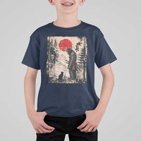 Vintage Japanese Art Bigfoot Samurai Warrior and Black Cat T Shirt For Kid Sasquatch Lovers Vintage Graphic Ukiyo-e Art