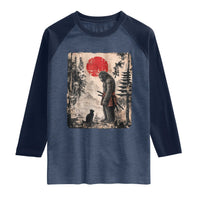 Vintage Japanese Art Bigfoot Samurai Warrior and Black Cat Raglan Shirt Sasquatch Lovers Vintage Graphic Ukiyo-e Art