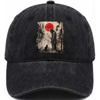 Vintage Japanese Art Bigfoot Samurai Warrior and Black Cat Washed Cotton Baseball Cap Sasquatch Lovers Vintage Graphic Ukiyo-e Art