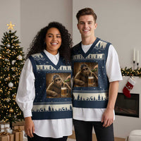 Funny Bigfoot Drinking Beer V-Neck Knit Sweater Vest Vintage Cool Sunglasses Sasquatch Pub Graphic