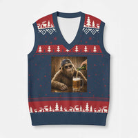 Funny Bigfoot Drinking Beer V-Neck Knit Sweater Vest Vintage Cool Sunglasses Sasquatch Pub Graphic