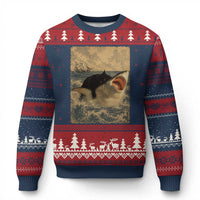 Black Cat Biting Shark Anime Graphic Japanese Ugly Christmas Sweater Vintage Graphic Ukiyo-e Art
