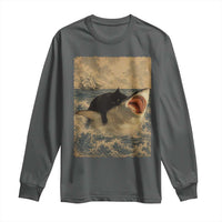 Black Cat Biting Shark Anime Graphic Japanese Long Sleeve Shirt Vintage Graphic Ukiyo-e Art