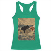 Black Cat Biting Shark Anime Graphic Japanese Racerback Tank Top Vintage Graphic Ukiyo-e Art