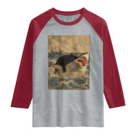 Black Cat Biting Shark Anime Graphic Japanese Raglan Shirt Vintage Graphic Ukiyo-e Art