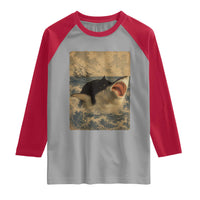 Black Cat Biting Shark Anime Graphic Japanese Raglan Shirt Vintage Graphic Ukiyo-e Art