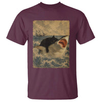 Black Cat Biting Shark Anime Graphic Japanese T Shirt Vintage Graphic Ukiyo-e Art