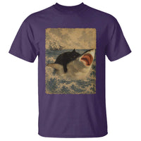 Black Cat Biting Shark Anime Graphic Japanese T Shirt Vintage Graphic Ukiyo-e Art