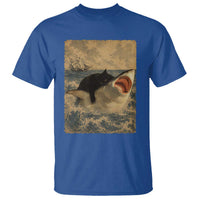 Black Cat Biting Shark Anime Graphic Japanese T Shirt Vintage Graphic Ukiyo-e Art