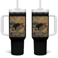 Black Cat Biting Shark Anime Graphic Japanese Tumbler With Handle Vintage Graphic Ukiyo-e Art