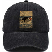 Black Cat Biting Shark Anime Graphic Japanese Washed Cotton Baseball Cap Vintage Graphic Ukiyo-e Art