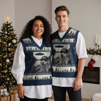 Dog Selfie With Alien UFO V-Neck Knit Sweater Vest Funny Fishing Golden Retriever Smoking Dog Lover - Wonder Print Shop