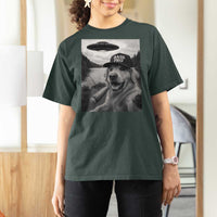 Dog Selfie With Alien UFO T Shirt For Women Funny Fishing Golden Retriever Smoking Dog Lover - Wonder Print Shop