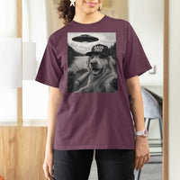Dog Selfie With Alien UFO T Shirt For Women Funny Fishing Golden Retriever Smoking Dog Lover - Wonder Print Shop