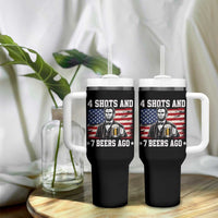 Funny 4th of July Abraham Lincoln Drinking Beer Tumbler With Handle 4 Shots and 7 Beers Ago Patriotic Independence Day Meme