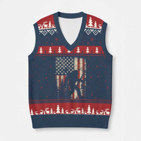 Bow Hunting Bigfoot America Flag V-Neck Knit Sweater Vest Patriotic Sasquatch With Archer Hunter Dad