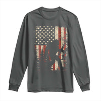 Bow Hunting Bigfoot America Flag Long Sleeve Shirt Patriotic Sasquatch With Archer Hunter Dad