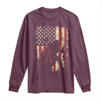 Bow Hunting Bigfoot America Flag Long Sleeve Shirt Patriotic Sasquatch With Archer Hunter Dad