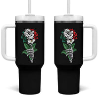 Skeleton Hand Holding Mexico Flag Rose Tumbler With Handle Dia De Los Muertos