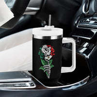 Skeleton Hand Holding Mexico Flag Rose Tumbler With Handle Dia De Los Muertos