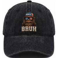 Bruh Bigfoot Merica Washed Cotton Baseball Cap American Flag Patriotic 4th Of July