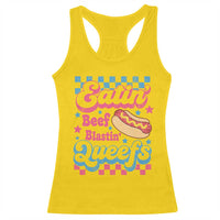 Hotdog Eatin Beef Blastin Queefs Inappropriate Racerback Tank Top Retro Groovy Hotdog Meme Funny Cringe Offensive Humor