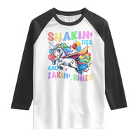 Shakin' Tits and Takin' Shits Raglan Shirt Naughty Funny Unhinged Unicorn - Wonder Print Shop
