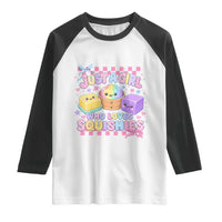 Just A Girl Who Loves Squishies Raglan Shirt Cute Kawaii Dumpling Graphic Coquette Bow Girls