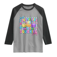 Just A Girl Who Loves Squishies Raglan Shirt Cute Butter Dumpling Graphic Coquette Bow Girls