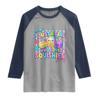 Just A Girl Who Loves Squishies Raglan Shirt Cute Butter Dumpling Graphic Coquette Bow Girls