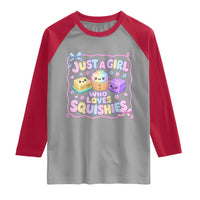 Just A Girl Who Loves Squishies Raglan Shirt Squishy Lovers Kawaii Dumpling Graphic Coquette Bow Girls