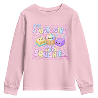 Just A Girl Who Loves Squishies Youth Sweatshirt Squishy Lovers Kawaii Dumpling Graphic Coquette Bow Girls