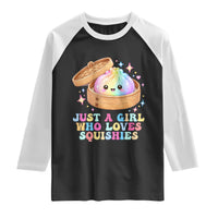 Just A Girl Who Loves Squishies Raglan Shirt Cute Rainbow Dumpling Squishy Graphic